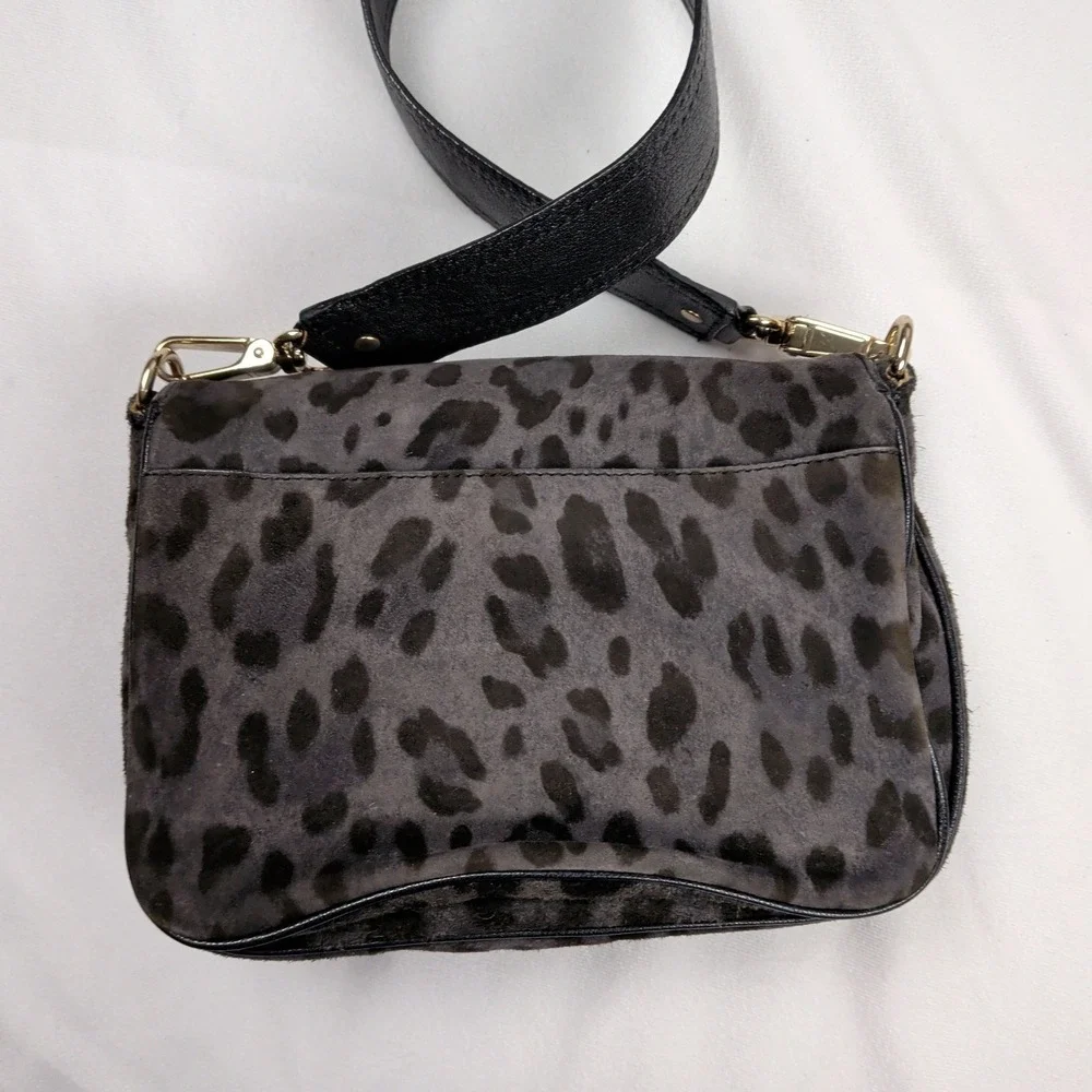 Kate Spade Gray Leopard Print Calf Hair Shoulder Bag Gold Turn Lock Preppy